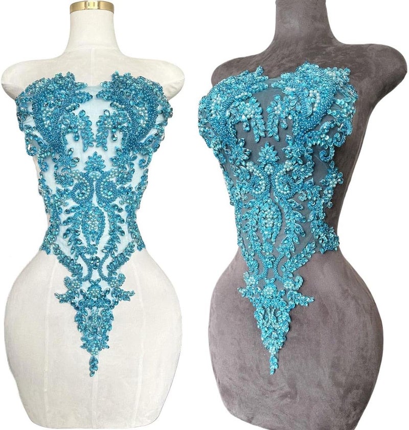 ArtistryXB Handmade Rhinestones Lace Bodice Applique Sew on Beads Sequins Trimming Patches for Dress Clothing Accessories 1Pcs/Bag (Sky Blue) - Image 1